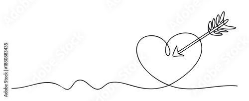 Elegant one line drawing depicting a symbolic heart shape penetrated by an arrow, representing affection and romance, ideal for Valentines Day celebrations or expressing deep emotional