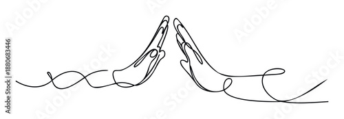 Minimalist continuous line drawing of two hands meeting in a gesture of prayer or greeting, ideal for wellness, spirituality, mindfulness, and collaborative themes.