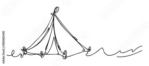 Simple continuous line drawing of a tent with waves symbolizing outdoor adventure and minimalist travel, perfect for graphic design projects, web banners, or print materials seeking a