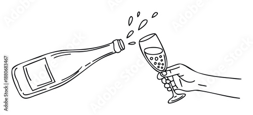 Celebratory hand pouring sparkling champagne from a bottle into a tall elegant flute glass, perfect for holiday greetings, party invitations, or festive event promotions.