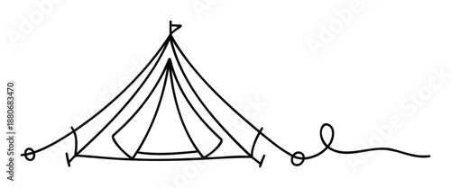 A minimalist single line drawing depicting an outdoor camping tent with a flag and supporting ropes, excellent for nature themed marketing materials, adventure travel blogs, and outdoor