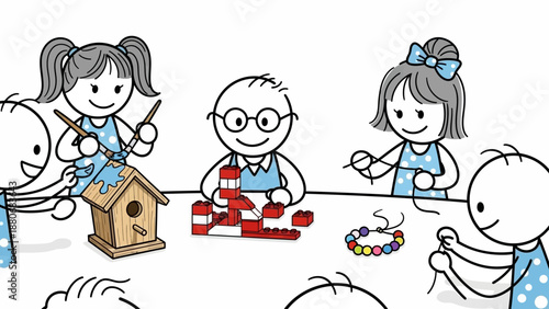 Children engaged in creative crafts and building activities together