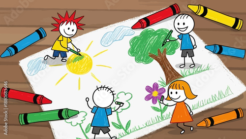Children Drawing with Crayons, Creative Kids Art, Fun Childhood Activity
