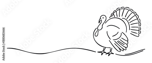 Stylish black and white outline drawing of a classic farm turkey featuring a distinctive fanned tail, excellent for autumn festivals, harvest decor, educational materials, or cheerful