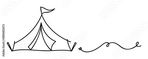 Hand drawn outline doodle of a festive event tent with a flag and a whimsical decorative line, perfect for party invitations, festival posters, or creative childrens content.