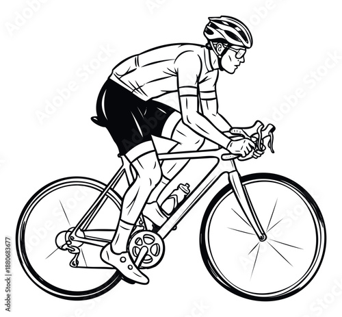 Professional male cyclist wearing helmet and sportswear intensely riding a road bicycle, perfect for sports event promotions, fitness marketing, and athletic lifestyle content