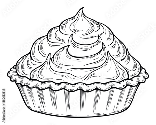 Handdrawn black and white pastry featuring a rich, fluffy whipped cream peak, ideal for adding a classic touch to culinary branding or foodrelated publications.