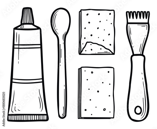 Versatile monochrome hand drawn collection of essential crafting tools including paint tube mixing spoon and texture brushes for creative projects and graphic resources