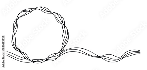 Abstract minimalist black lines forming a dynamic wavy circular frame and continuous flowing stream creating a modern graphic for various contemporary print and digital media uses