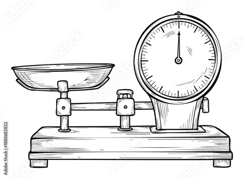 Vintage mechanical weighing scale with a clear measurement dial and a goods pan, ideal for bakery signage, kitchen decor, or marketplace themes and historical publications.