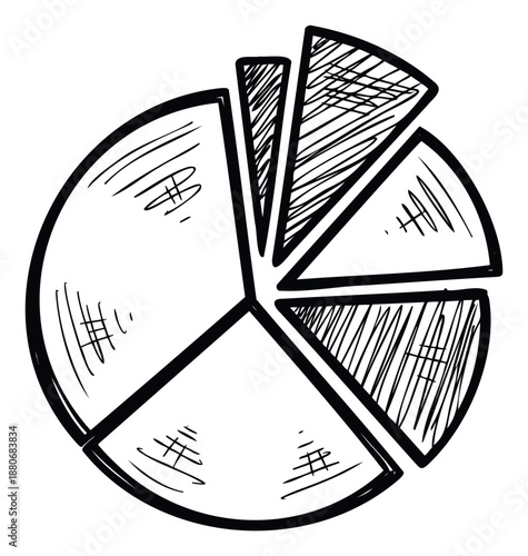 Sketchy hand drawn pie chart visually representing data segments and statistics, useful for business presentations, financial reports, or educational materials to illustrate proportions and