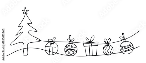 Continuous line drawing depicting a festive Christmas tree adorned with a star and a garland of decorative ornaments and a present for holiday celebrations and winter greetings