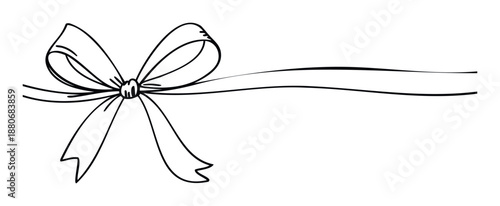 Classic hand sketched outline of a tied bow and ribbon gracefully extending, excellent for enhancing festive greeting cards, packaging, present wrap, or digital celebration graphics.