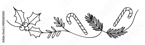 Festive holiday garland featuring classic Christmas elements like holly berries, pine branches, and candy canes, perfect for seasonal greeting cards, invitations, and winter craft projects