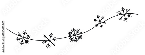 Graceful winter garland featuring a flowing curved line adorned with stylized snowflakes, perfect for holiday event invitations or festive seasonal decorations.