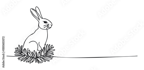 Minimalist continuous line drawing depicting a charming rabbit nestled within a leafy wreath, ideal for springtime celebrations, animal themes, or playful invitations.