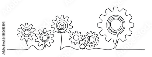 Continuous line drawing of multiple gears of varying sizes connected by a single line representing teamwork efficiency and interconnected systems for technology and industrial applications
