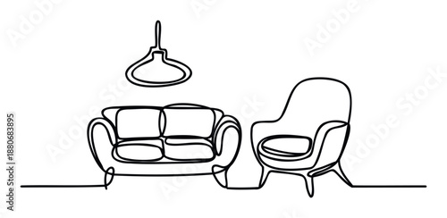 Continuous line drawing of modern living room furniture with a sofa and armchair under a hanging lamp perfect for interior design inspiration and minimalist decor concepts