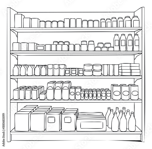 Supermarket shelf filled with various grocery items including boxes, cans, and bottles, ideal for retail store displays or kitchen pantry organization concepts