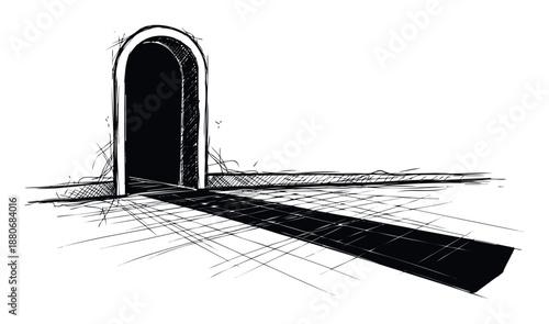A mysterious arched doorway opens into a dark void, casting a long dramatic shadow across a textured floor, perfect for conceptual projects exploring mystery, suspense, or new beginnings.