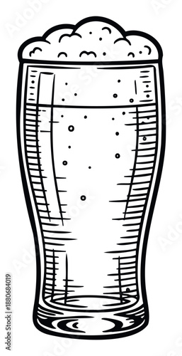 Classic handdrawn pilsner beer glass filled with foamy golden ale, perfect for pub menus, brewery logos, Oktoberfest celebration themes, and refreshing beverage advertisements.