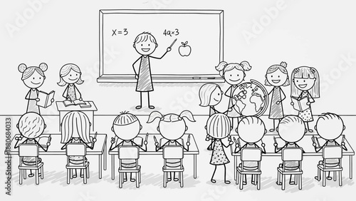 Children Learning in a Classroom with Teacher and Whiteboard Sketch