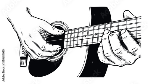 Detailed monochrome drawing depicting skilled hands actively playing an acoustic guitar, perfect for musicthemed websites, educational materials, or a hobbyists blog.
