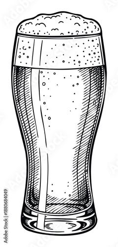 Hand drawn black and white pint glass of beer with frothy foam on top, perfect for beverage menus, pub advertisements, and drinkthemed graphic designs.