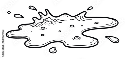 Dynamic spilled liquid creating a messy puddle with vibrant splashes and scattered droplets, ideal for adding an expressive fluid effect to diverse visual projects