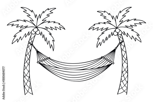 A simple graphic outline of two tropical palm trees with a relaxing fabric hammock strung between them, perfect for travel brochures, summer promotions, or serene vacation planning