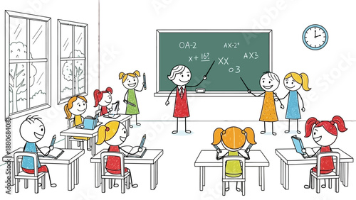 Children learning math in classroom with teacher, doodle style