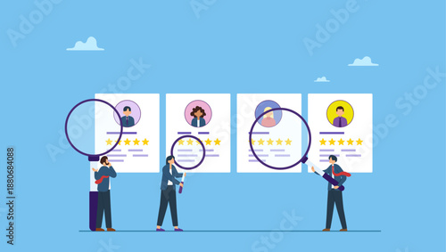 Business people HR with magnifier to choose choose candidate resume. Recruitment hiring process to choose candidate to fit job position, HR Human Resources recruiting people fill in vacancy.