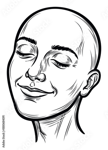Bald head line drawing of a contented person with eyes closed and a soft smile, perfect for conveying serenity or inner peace in various meditative and selfcare media.