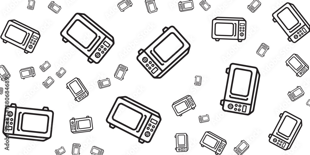 Fototapeta premium Seamless pattern of microwave ovens scattered across a white background, perfect for kitchen themes
