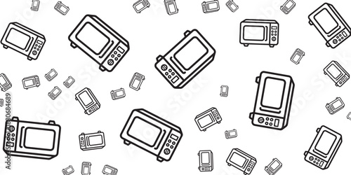 Seamless pattern of microwave ovens scattered across a white background, perfect for kitchen themes
