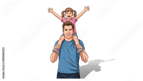 Man carrying a smiling girl on his shoulders white background