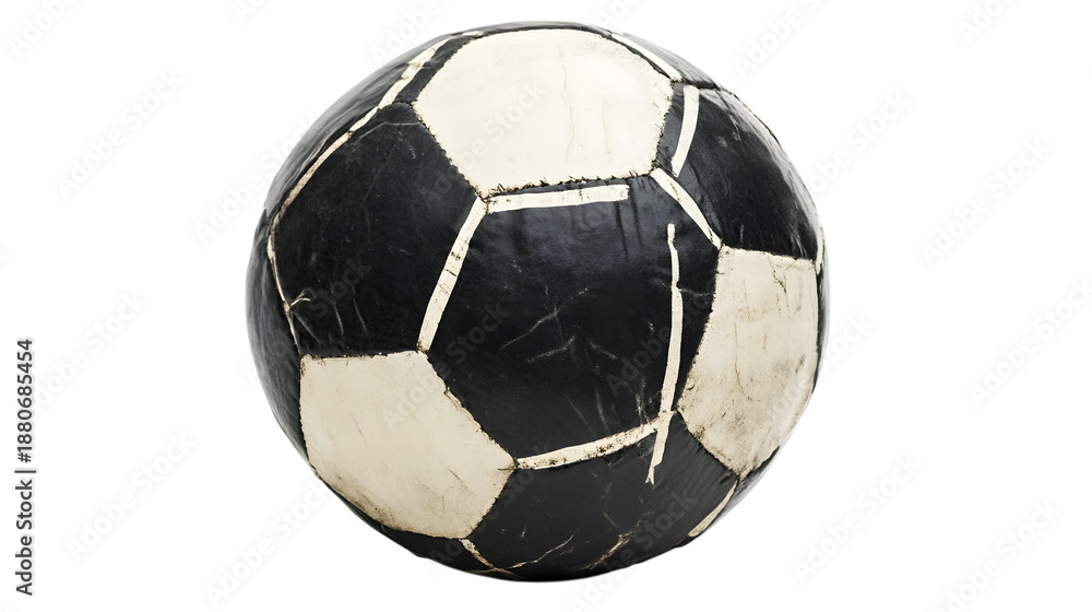 Fototapeta premium Vintage soccer ball with worn black and white panels Isolated on White background