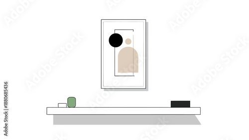 Minimalist artwork on a shelf with objects