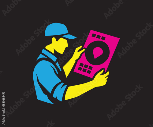 Worker in blue uniform holding a printing proofing vector illustration