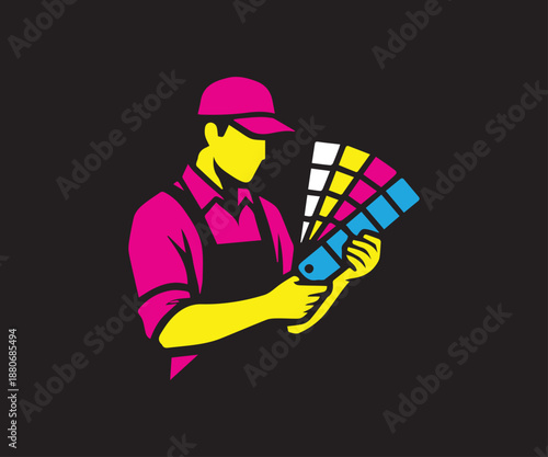 Printing worker holding swatches for color matching vector illustration