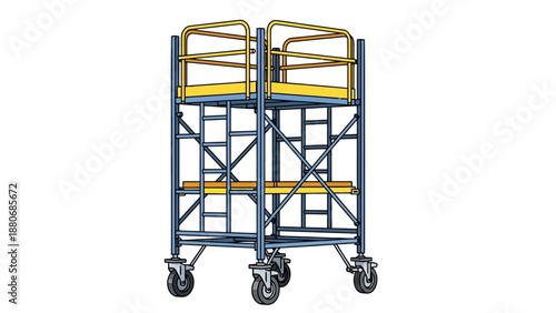 Mobile work platform with safety rails and wheels