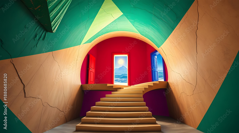 Obraz premium Vibrant staircase leads to colorful room with scenic view