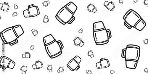 Hand-drawn thermos and cup pattern on white background, seamless design for branding