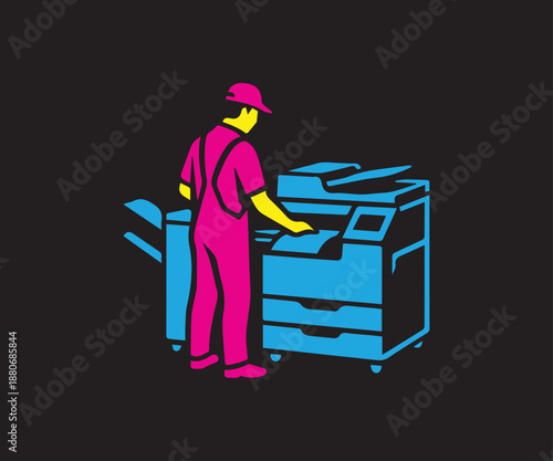 Worker operating blue printing machine in workshop vector illustration