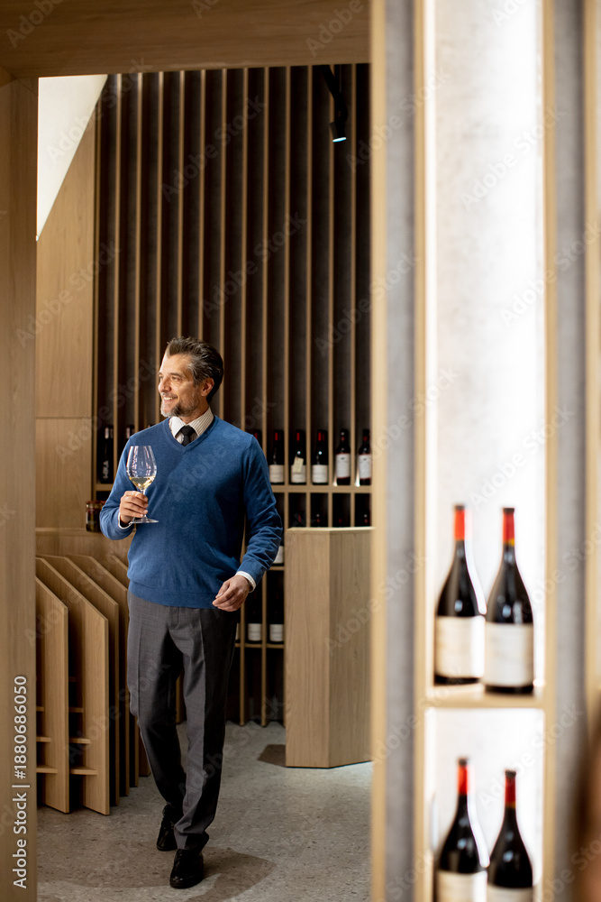 Obraz premium Man in blue sweater enjoys wine tasting at elegant winery in modern decor