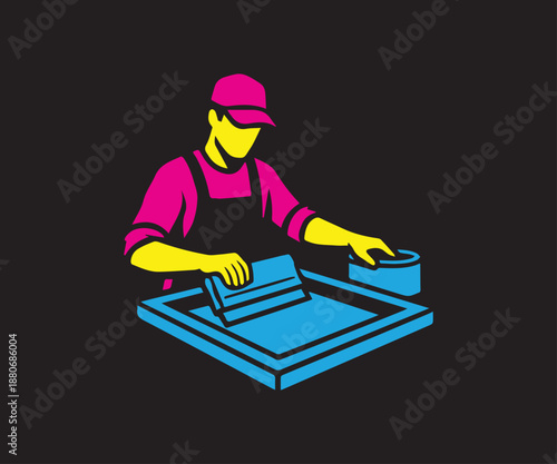 Worker operating screen printing press vector illustration