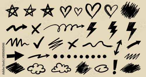 Hand Drawn Stars Hearts Scribbles Doodle Elements Vector Collection