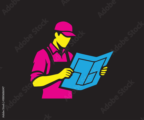 Worker reading blueprint map illustration on black background vector illustration