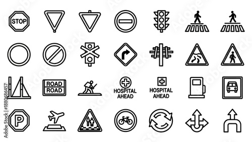 Collection of Various Road Signs and Symbols.