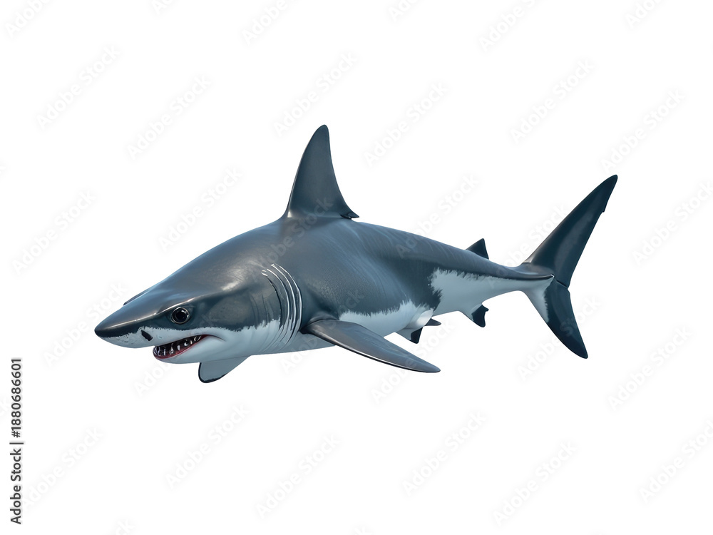Fototapeta premium A plastic toy shark defying gravity and flying through the air